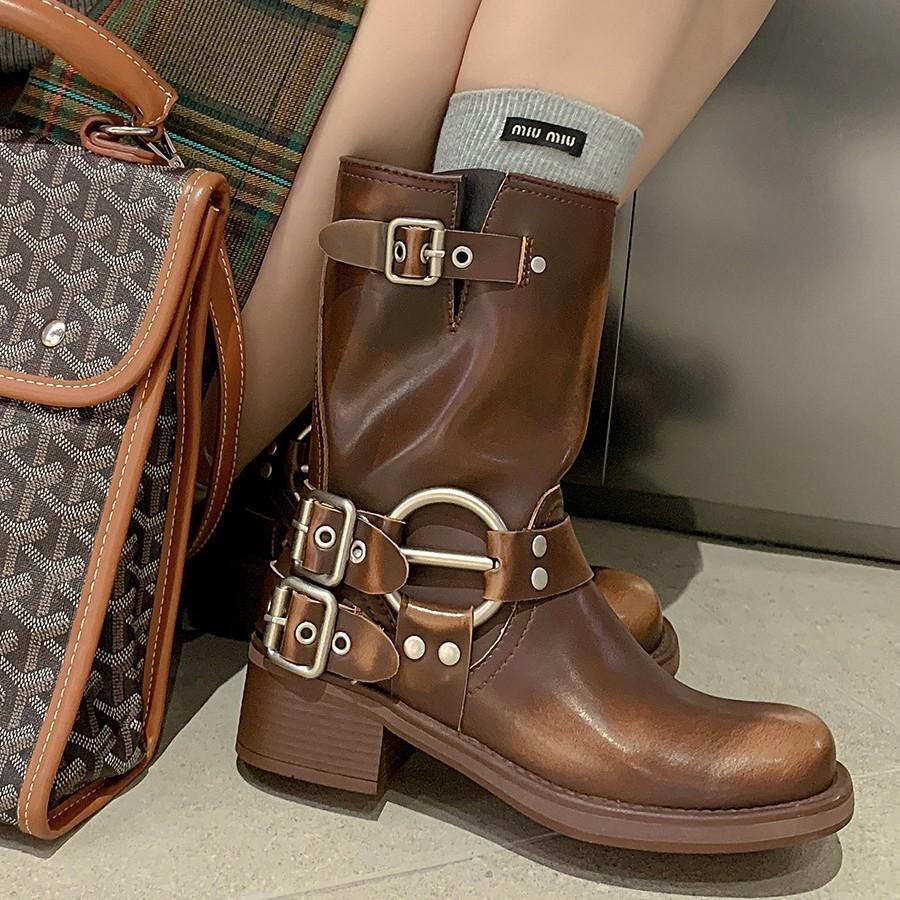 Short boots women's retro western cowboy boots autumn and winter boots thick leather martin boots sleeve knight boots.