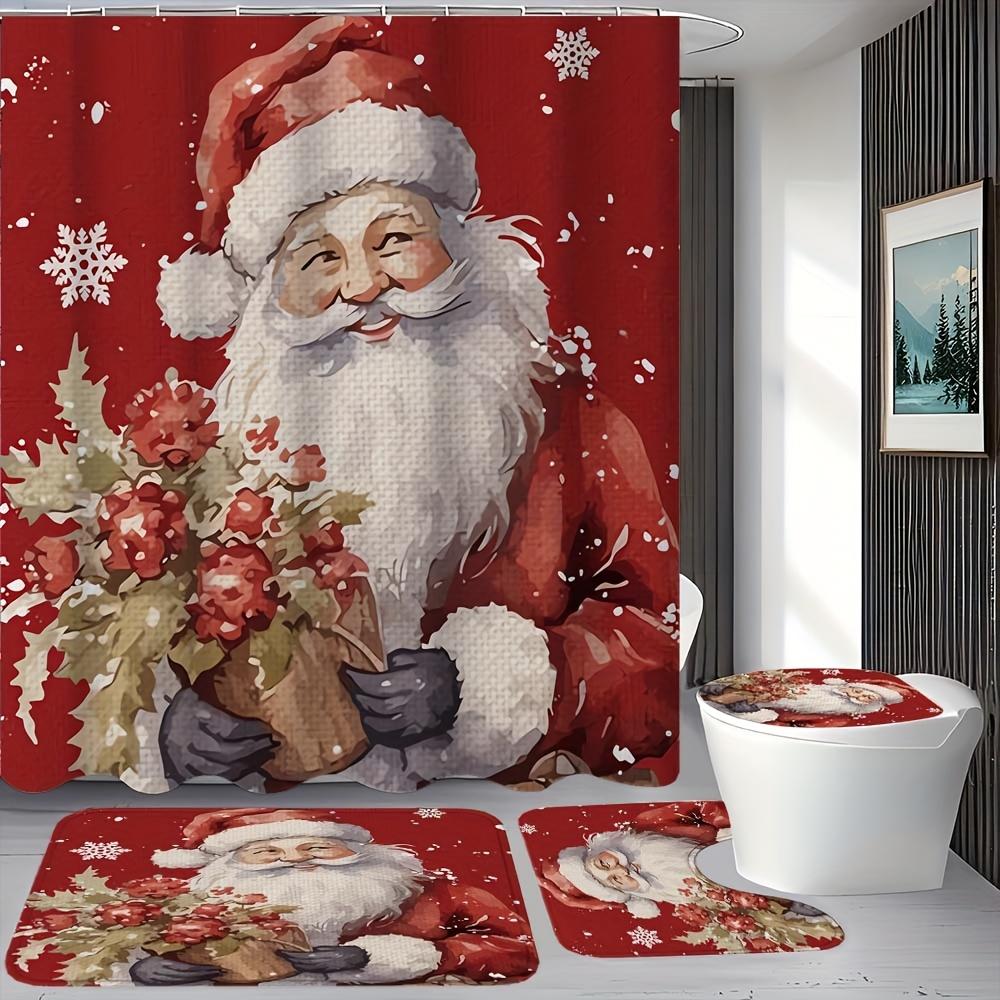 

Набор из 4 предметов: Занавеска для душа для ванной Санта-Клаус с 12 крючками, Нескользящие коврики, Коврик для крышки унитаза, Перегородка для ванной 4Pcs