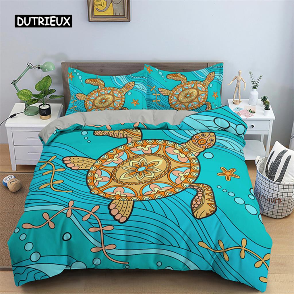 Exotic Sea Turtle Duvet Cover Microfiber Marine Life Geometric Comforter Cover 3D Ocean Theme Bedding Set Double Twin King Size