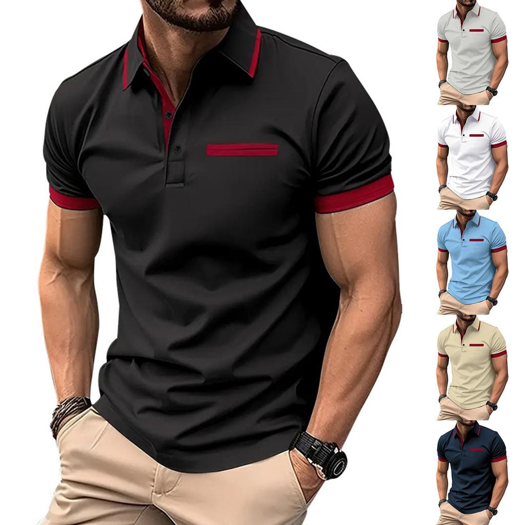Men's Casual Shirt With Fake Chest Pocket, Lapel Buttons, Business T-shirt, Color Blocked Top For Men