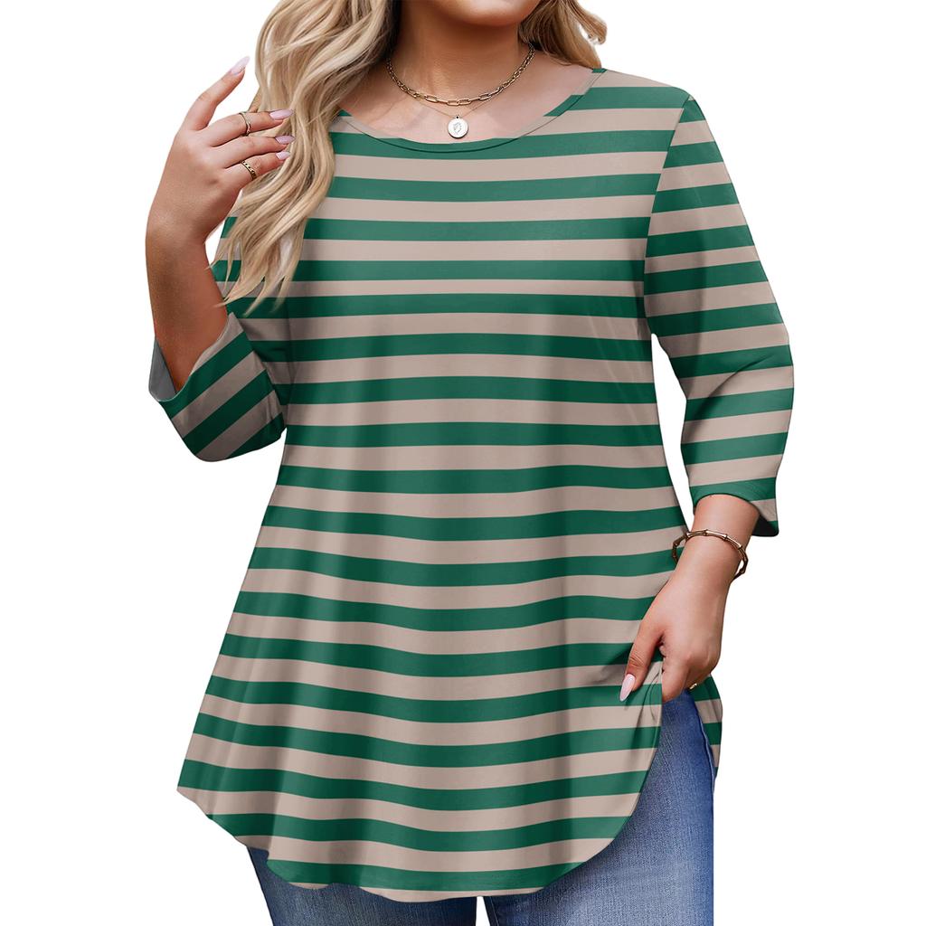 Ladies Stripe Print Plus Size 3/4 Sleeve Rounded Hem Round Neck Fashion Top