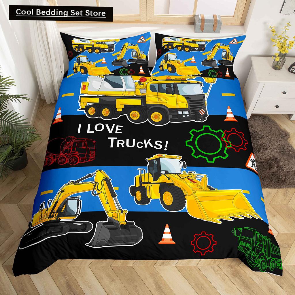 Truck Excavator King Queen Duvet Cover Yellow Tractor Bedding Set for Kids Boys Girls Cartoon Car Transporter 2/3pcs Quilt Cover