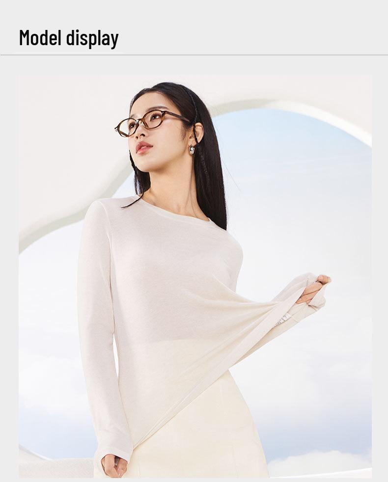 Tencel Wool Collar Base Shirt: Silk-Like, Light, Warm, Round Neck, Knitted Long Sleeve Top for Autumn/Winter Women.