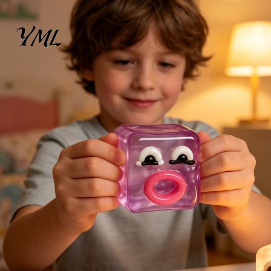 TPR Clear Cube Toy Cartoon Expression Stress Toy, Anxiety Relief Sausage Lip Squeeze Sensory for Relaxation