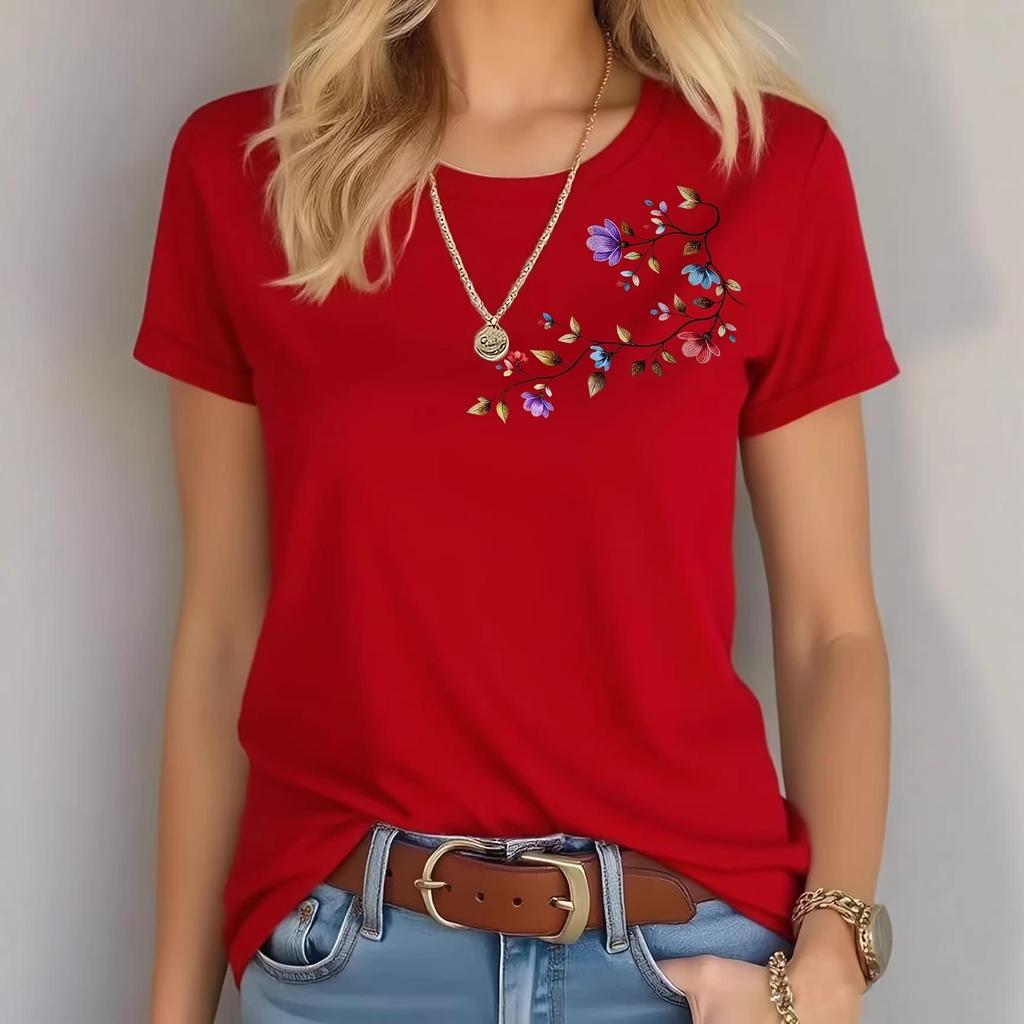 2026 Colorful Floral Round Neck Short Sleeve Casual Pure Cotton T-shirt