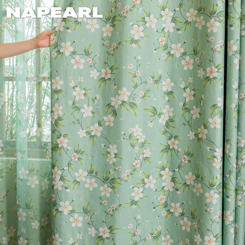 1 STÜCK NAPEARL Ländlicher Stil Sommer Grün Blumenmuster Vorhänge Vollverdunkelungsvorhänge für Schlafzimmer Wohnzimmer Balkonfenster zur Heimdekoration