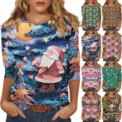 Women's Fashionable Casual Three Quarter Sleeve Christmas Printed Round Neck Top