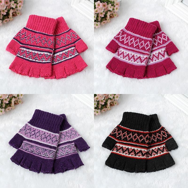 

Новые зимние полосатые вязаные термоперчатки для мальчиков, шерстяные перчатки без пальцев для печати, перчатки с половиной пальцев для женщин One size