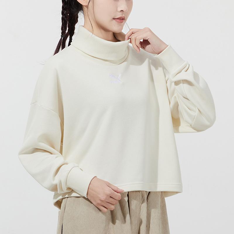 Puma Classics Logo Embroidered Vintage High Neck Pullover Sweatshirt Women Tops Ivory 534145-73