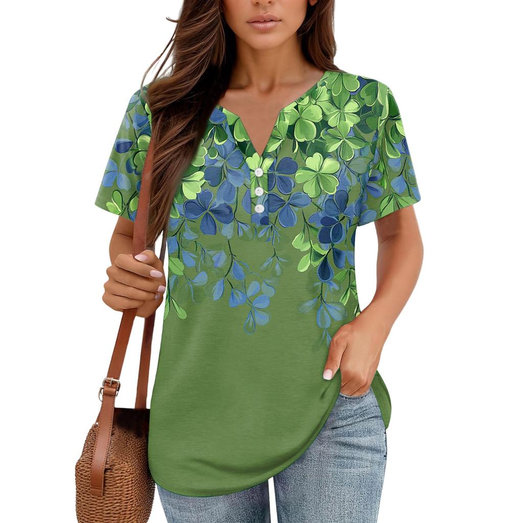 Women's T Shirt Tee Print Button Short Sleeve Daily Weekend Fashion Basic V- Neck Regular Top  St. Patrick's Day