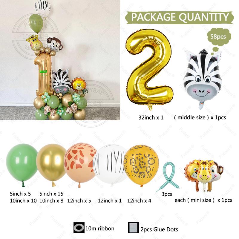 58pcs Wild Jungle Party Theme Gold Number 1-9 Balloon Garland Kit Birthday Baby Shower Gender Reveal Party Supplies Decorations