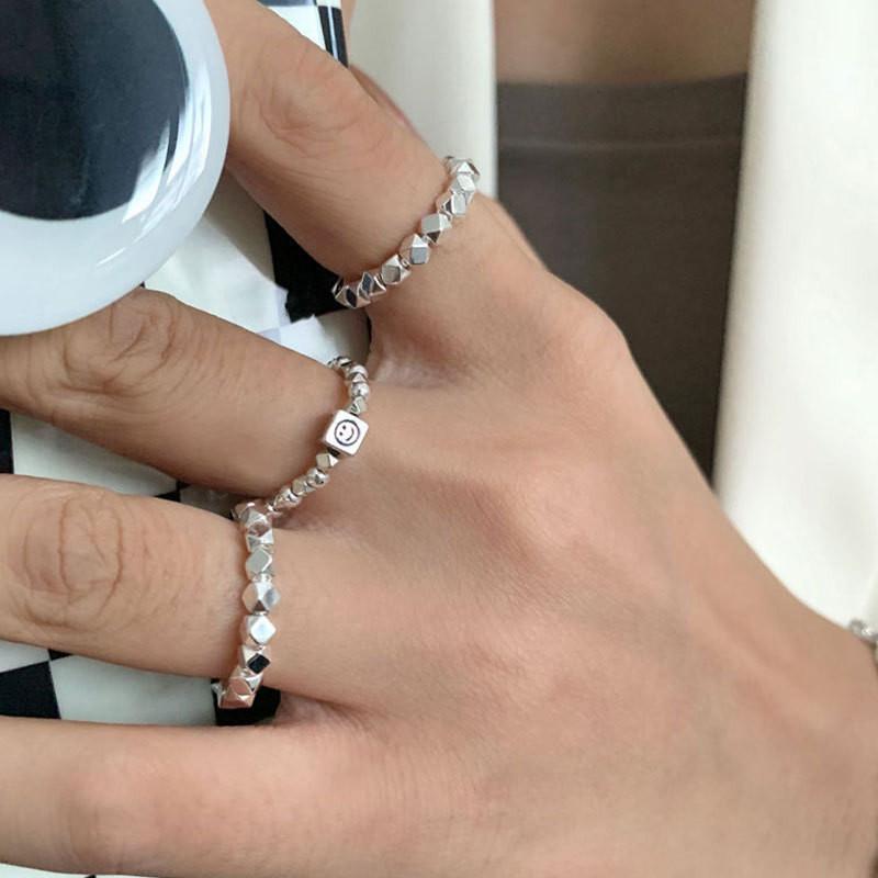 S925 Silver Stunning Geometric Open Adjustable Ring For Women With Elegant Smiley Design Face