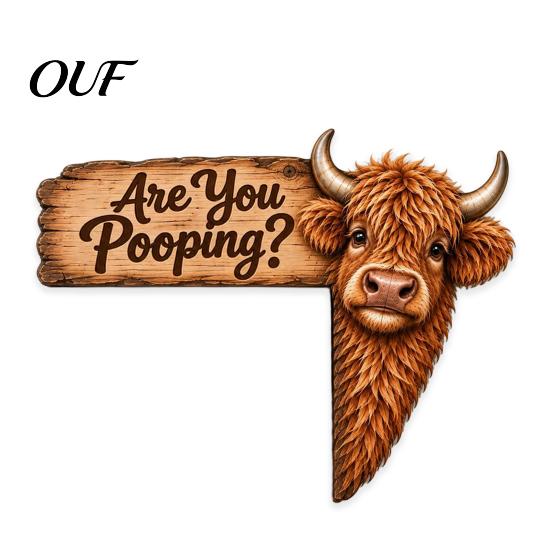 Cute Animal Door Ornament Funny Highland Cow Topper Sign, Are You Pooping Bathroom Decor, Farmhouse Style Accessories Peeking Corner for Restroom Home