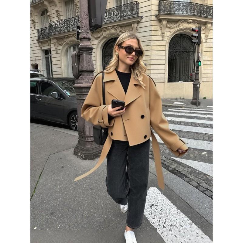 Womens Short Wool Blend Pea Coat With Belt Double Breasted Notched Collar Pocket Jacket