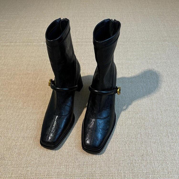 French square head high heel thin boots women's 2025 autumn and winter new retro thick heel elastic short boots black fashion boots