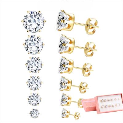 6 Paare/Set CZ Ohrstecker Edelstahl rund weiß Zirkonia hypoallergen 6 Krallen Ohrring trendiger Schmuck