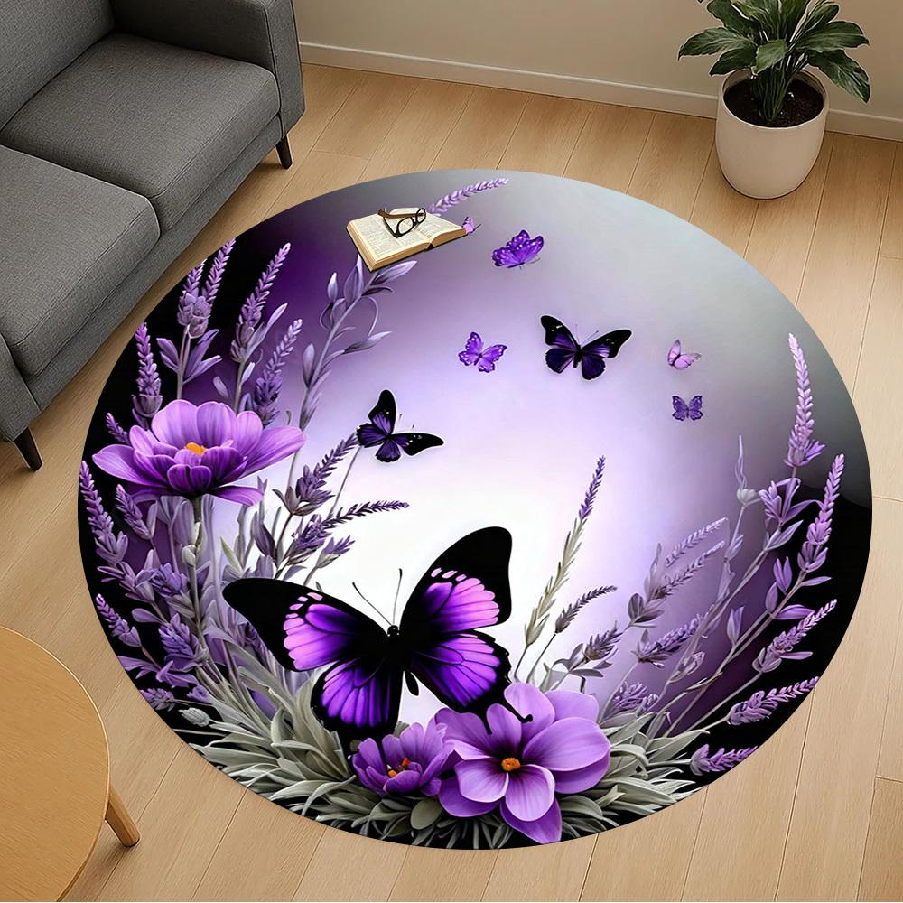1PC Butterfly Lavender Office Round Area Rug, Under Office Chairs Bedroom Living Room Home Decor, Carpet for Office -1110002
