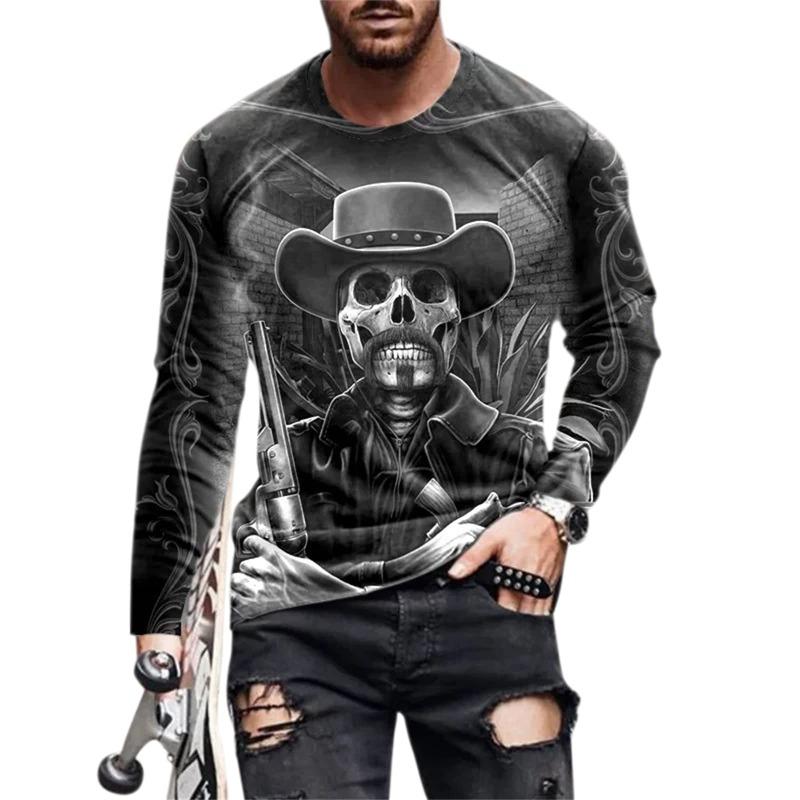 Sports Men's Long-sleeved T-shirt Men's Casual Light Street Hip-hop T-shirt 3d Skull Retro Print Casual Street Wear