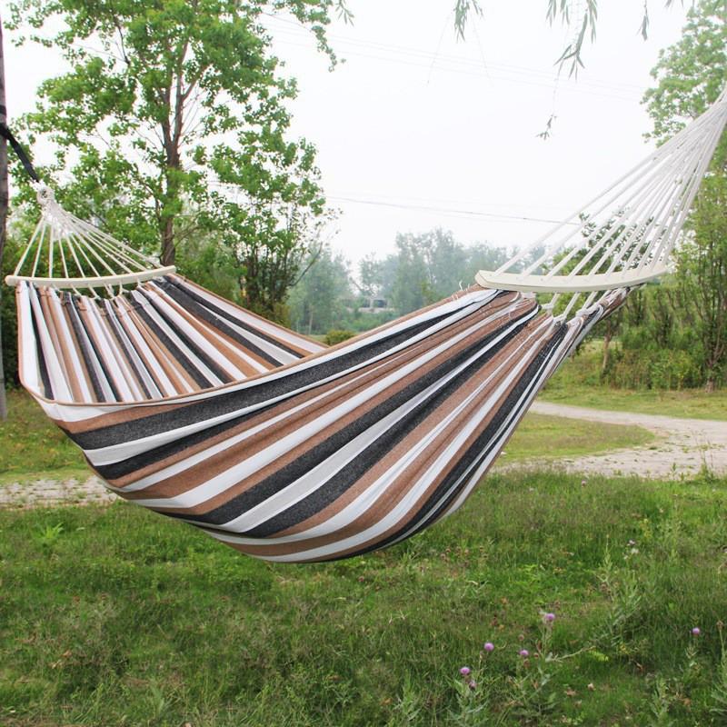 Double Wide Heavy Duty Canvas Hammock With 60cm Wooden Rods Fringe Outdoor Camping Swing Garden Backyard Relaxation