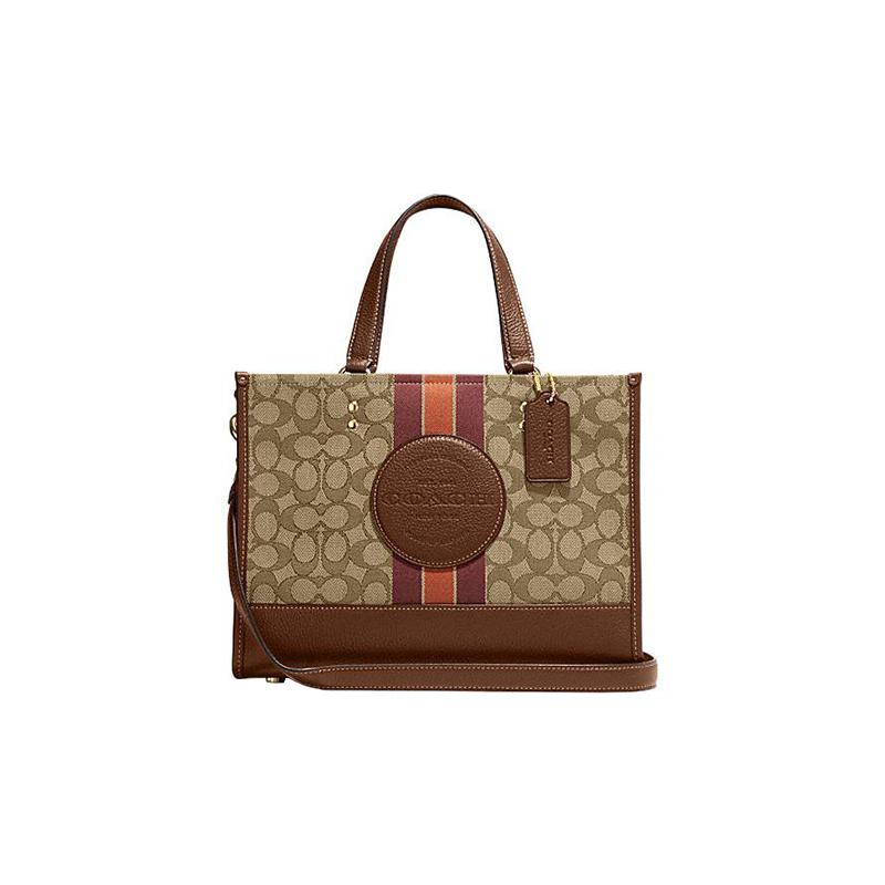 

COACH handbag Dempsey 29 letter logo striped classic presbyopic snaps fabric with cow leather Tote bag Tote bag shopping bag portable shoulder коричневий