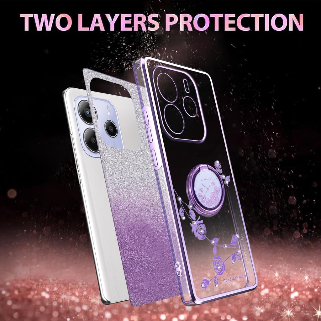 KADEM For Xiaomi Redmi Note 14 4G (164.84mm) Case Ring Kickstand TPU Flowers Phone Cover Gradient Glitter