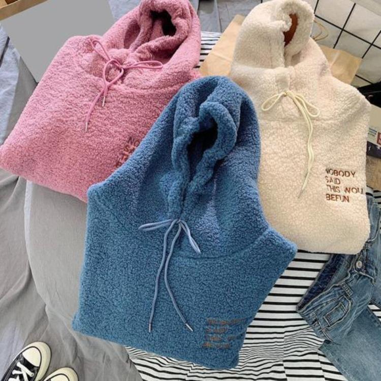 Fleece Pullover Top Warm Loose Women Long Sleeves Thick Drawstring Cuff Elastic Letter Patch Pocket Embroidery Fall