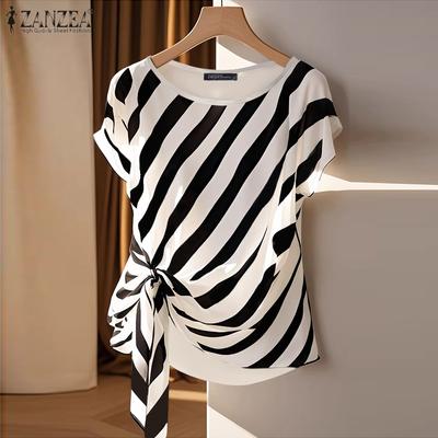 Women Casual O-neck Stripe Print Loose Short Sleeve Blouse