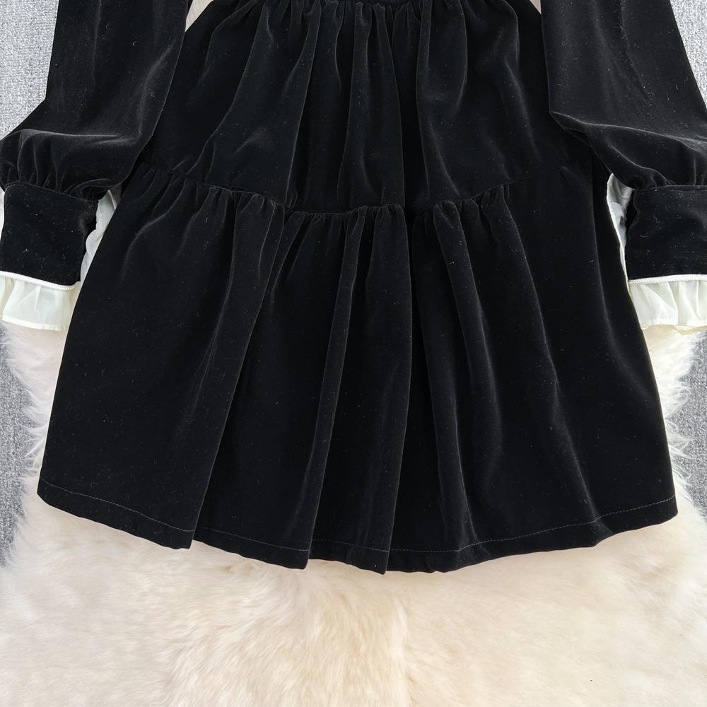 Autumn Winter Vintage Court Style Hepburn Stand Collar Wooden Trim Splicing Velvet Dress Women Christmas Ruffles Mini Black Dresses