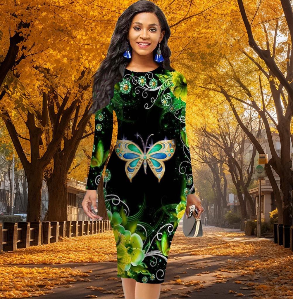 Elegante bodycon jurk met lange mouwen, taille-tight, kantoor slim fit, levendige vlinderprint