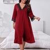 Vestido de Noite Feminino de Tamanho Grande para Primavera e Verão Roupa de Casa Pijama de Manga Longa com Renda Costurada Decote em V Solto Vestidos de Noite para Casa