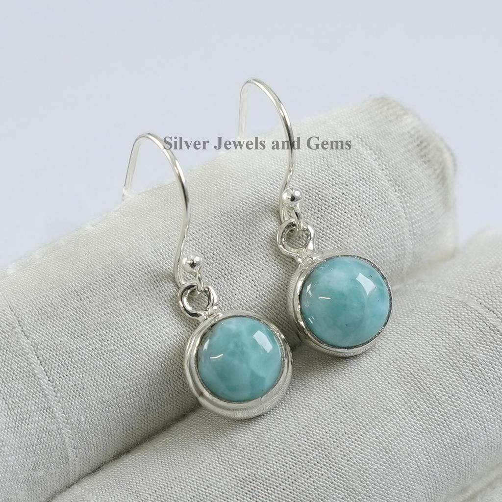Handmade Round Larimar Earrings, 925 Sterling Silver, March Birthstone