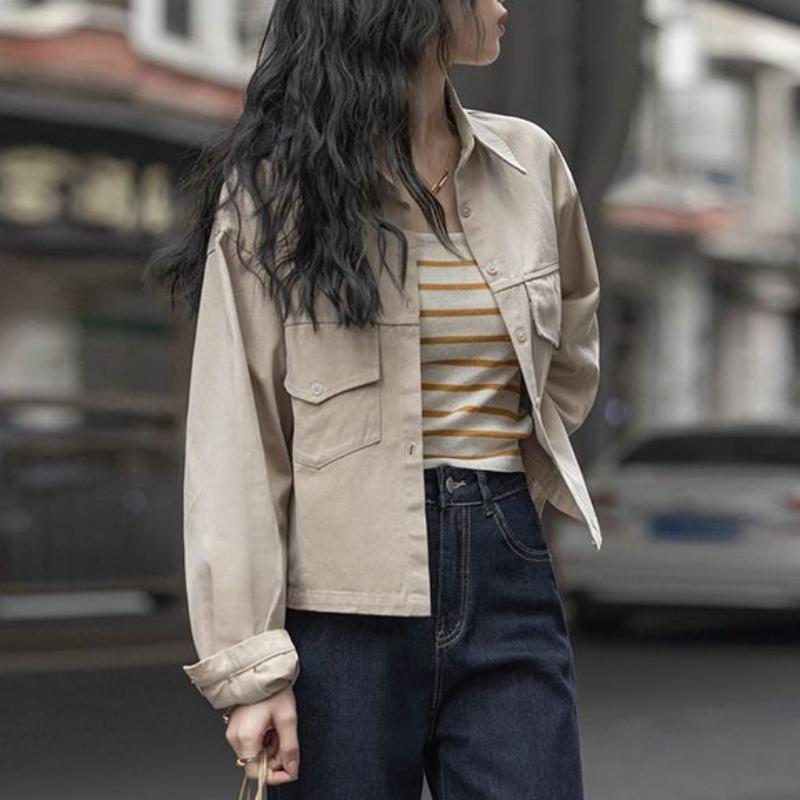 Women's Spring and Autumn Jacket Designer Style Hong Kong-Inspired Retro Long Sleeve Short Solid Color Shirt Top