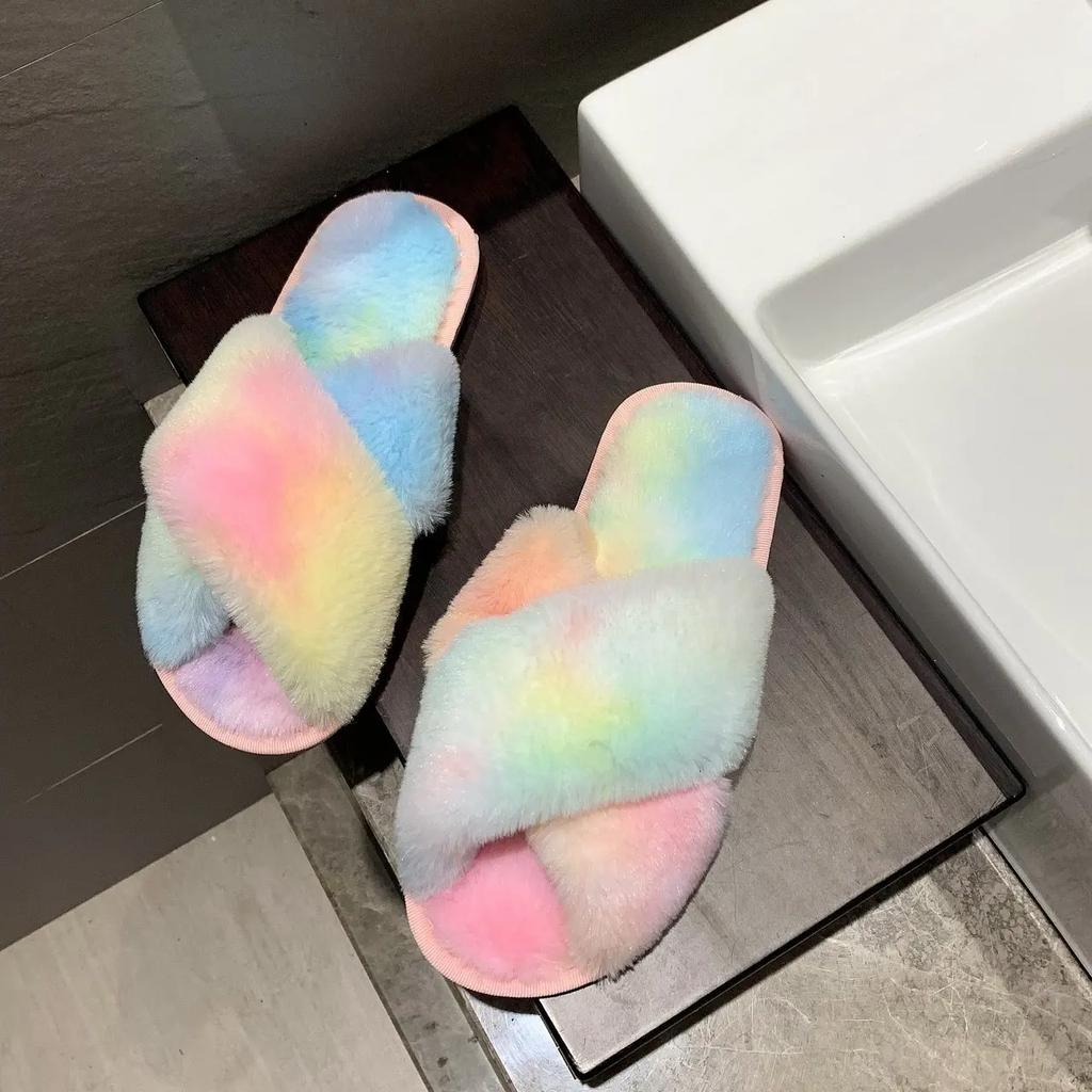 NEW Design Women Winter House Furry Slippers Women Cross Fluffy Fur Home Slides Flat Indoor Floor Shoes Ladies Flip Flops
