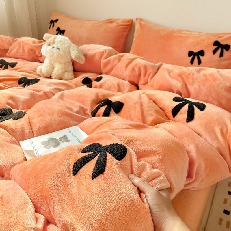 Bow High Gram Weight Thickened Milk Fleece Towel Embroidery Four-Piece Set Bed Sheet Quilt Cover Bedding Three-Piece Set