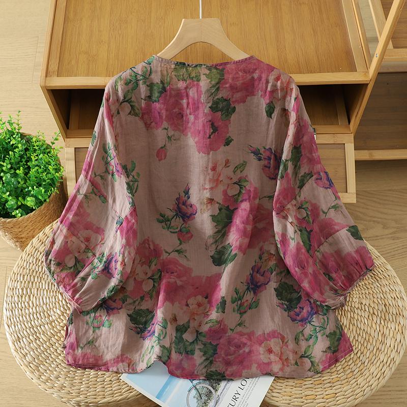 DIMANAF 2026 Women Plus Size New Summer Blouse Shirt Thin Casual Loose Lady Tops Shirts Cotton Linen Print Floral