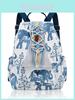 Ethnic Style Blue Elephant Canvas Backpack With Expandable Capacity For Travel And School Use