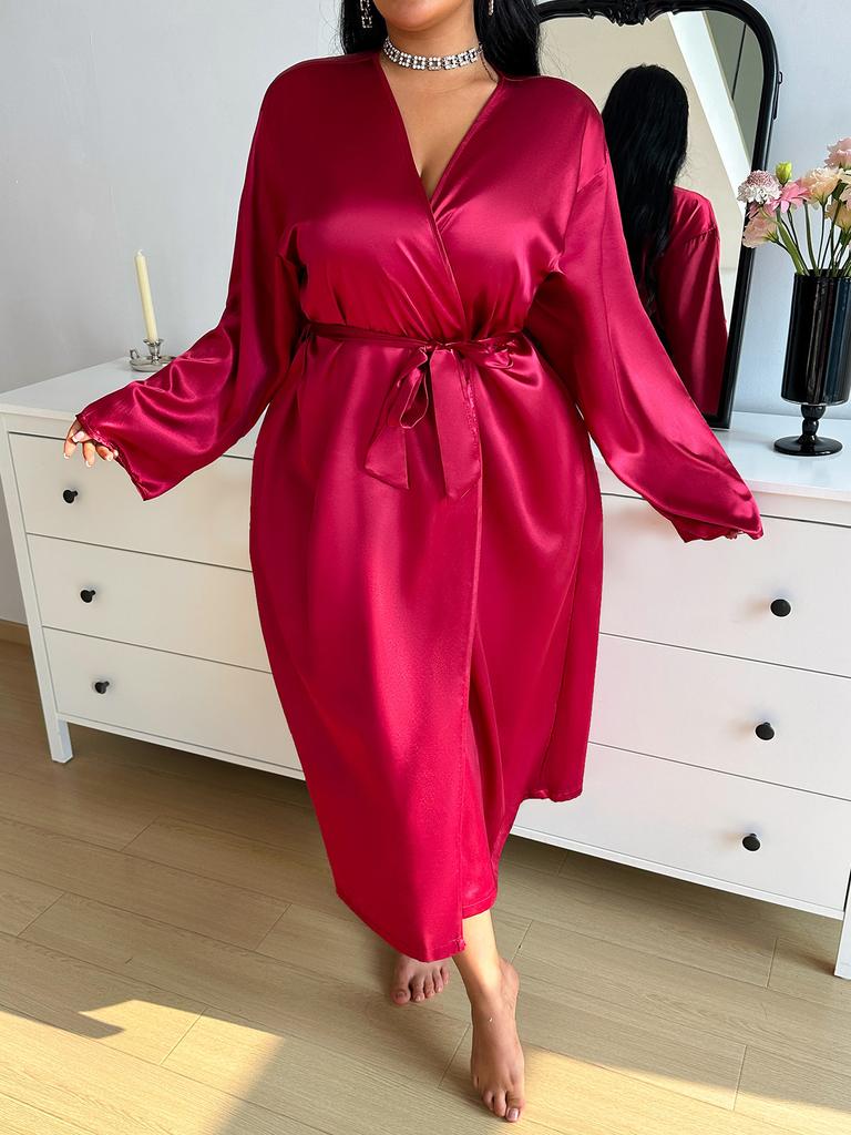Thin and Elegant, Simple and Casual Mid-length Lace-up Bathrobe for Women, Spring and Summer Ice Silk Pajamas
