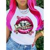 European Sizes Short-Sleeved T-Shirt with Graphic Prints of Beautiful Lips, Diamonds, Gemstones, And Dollar Signs, Casual Crew Neck Top