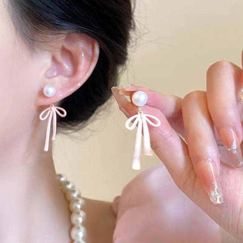 Elegant Two Ways To Wear Pink Bow Pendant Earrings for Women Fashion Cute Pearl Stud Earrings Luxury Wedding Party Jewelry