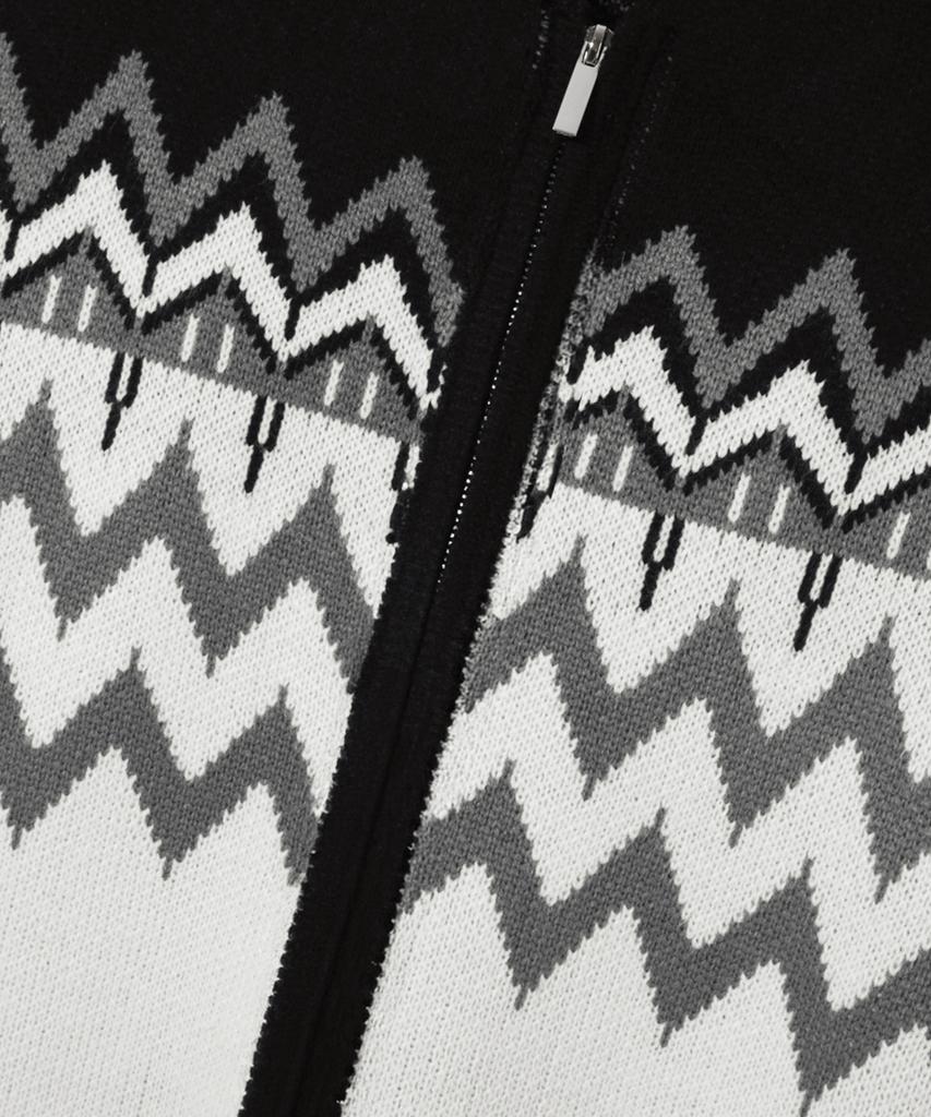 TRILLION Washable Nordic Jacquard 2-Way Hooded Zip-Up Knit [Black]