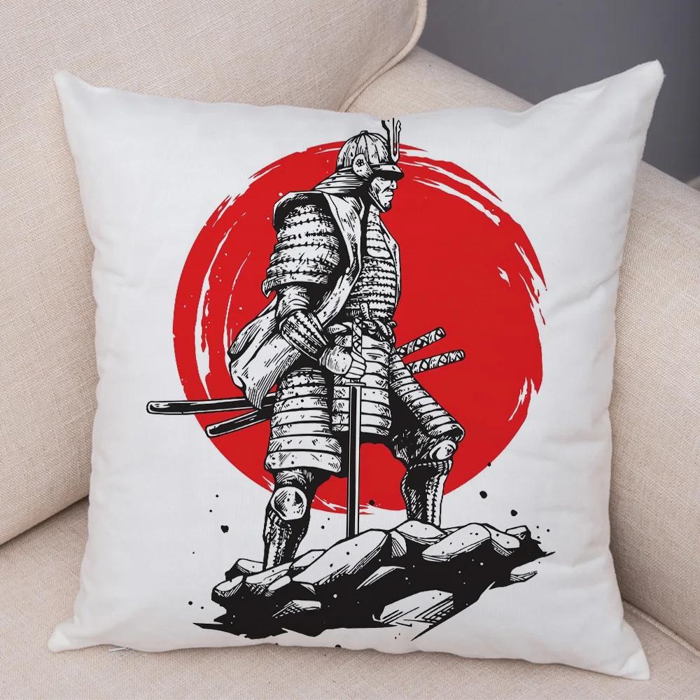 Japan Style Ink Warrior Cushion Cover for Sofa Home Double Print Decor Beautiful Scenery Girl Pillowcase Soft Plush Pillow Case