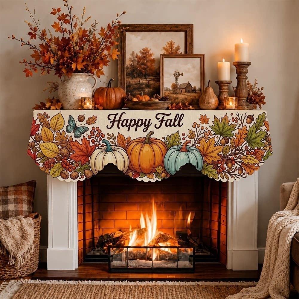 Santa Claus Mantel Topper Snow Landscape Xmas Mantel Decor Fireplace Shelf Cover Winter Holiday
