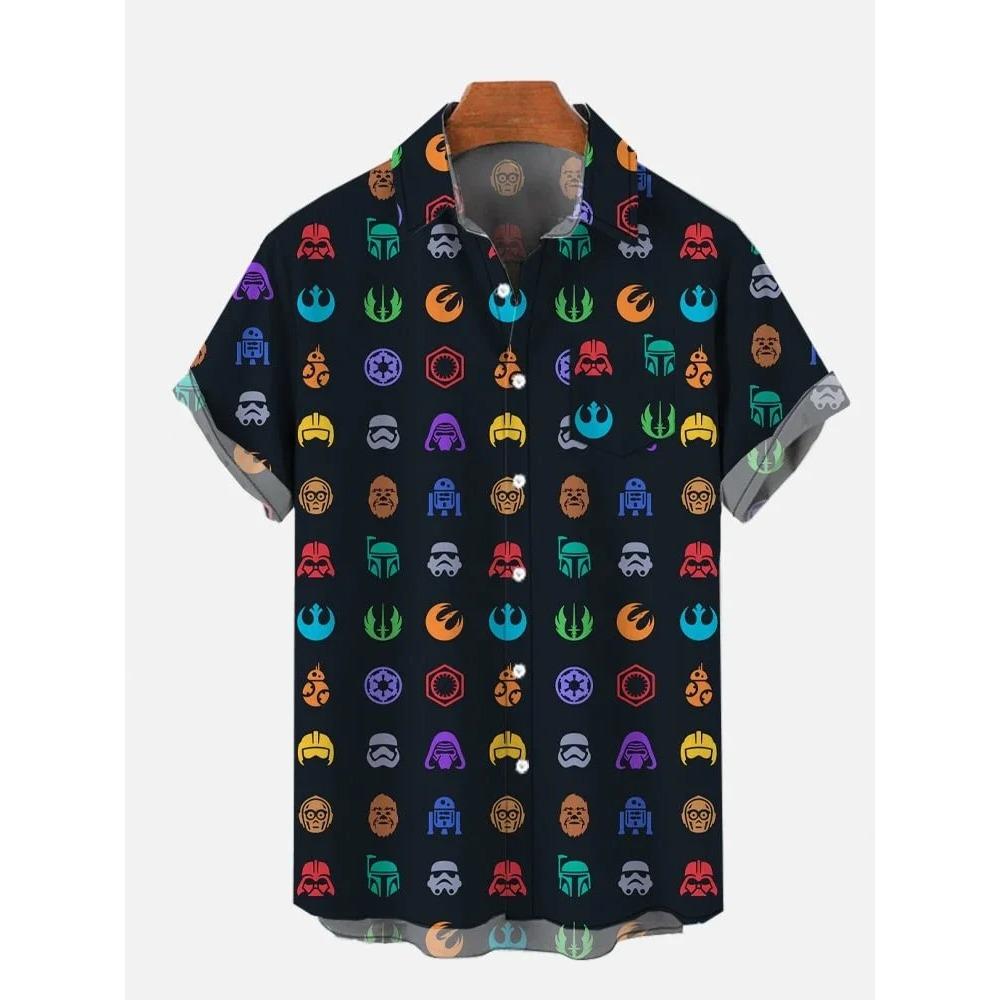 Hawaiian Colorful Sci-Fi Space War Elements Printing Breast Pocket Short Sleeve Shirt Loose Versatile Casual Sports Summer Men
