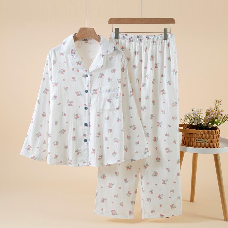 Women's pajamas spring and autumn new pure cotton yarn lace lace homewear loose large size cardigan long sleeve trousers homewear