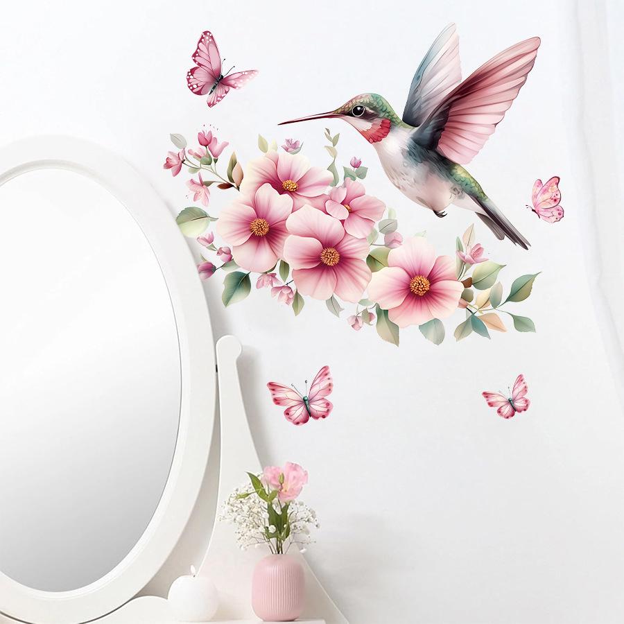 Fresh Watercolor Hummingbird Butterfly Peach Blossom Branch Wall Stickers, Self-Adhesive Decor for Bedroom Bathroom Decoration