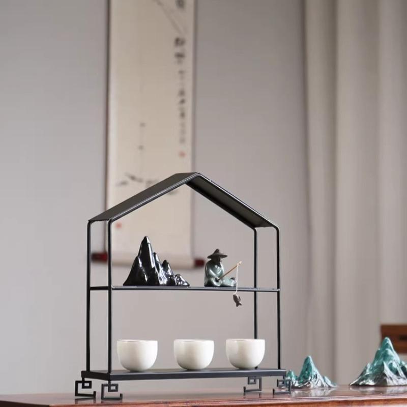 Modern Luxury Iron Display Shelf - Desktop Curio Cabinet Tea Ceremony Organizer, Chinese Style Decorative Shelf for Living Room