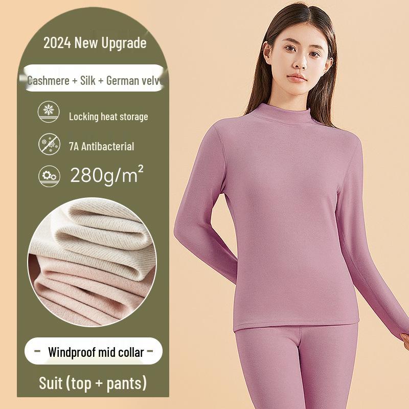 Damen- und Herren-Kaschmir-Seiden-Thermo-Unterwäsche-Set für Herbst/Winter – Warm, verdickt, halbochgeschnitten für Erwachsene
