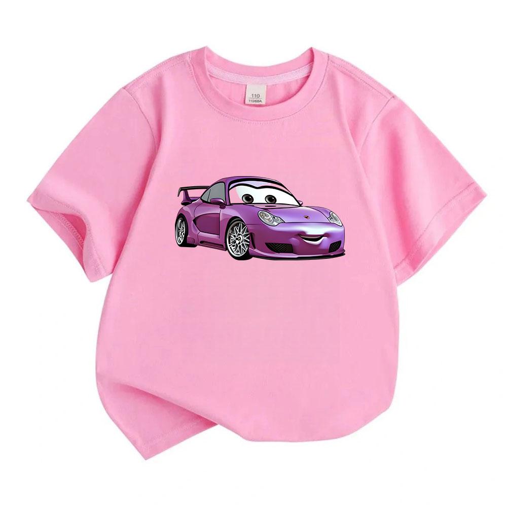 Cute Purple Cartoon Racing Car Print Kids T Shirt 100% Cotton Crew Neck Short Sleeve Tops for Boys Girls Casual Soft Breathable Summer Comfortable Dai