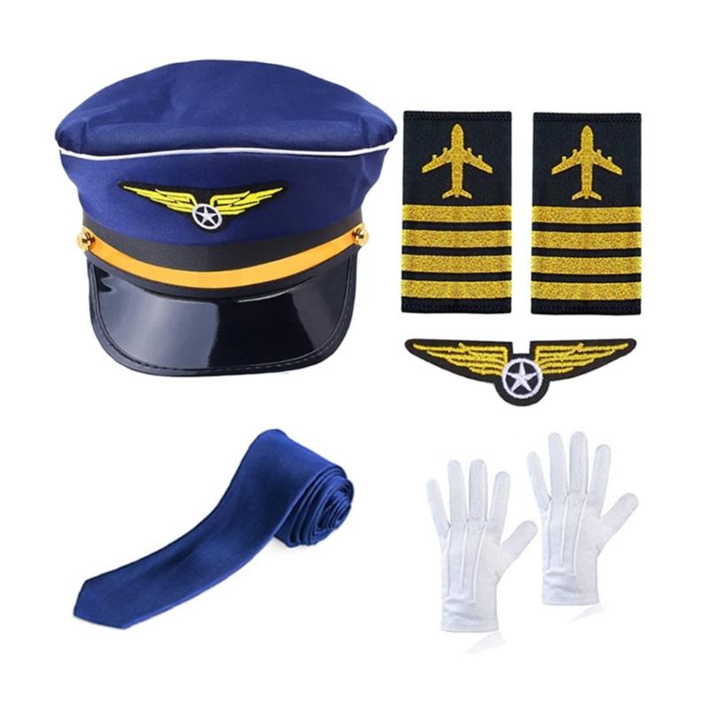Flugkapitän-Kostüm für Erwachsene, Piloten-Cosplay-Accessoire, Uniform, Schulterklappen, Hut, Krawatte, Flugbegleiter-Rollenspiel-Outfit