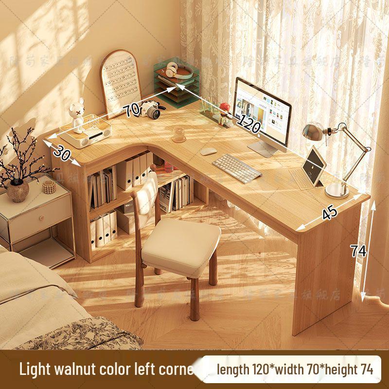 Compact Corner Computer Desk with Integrated Bookshelf & Vanity for Bedroom or Home Office